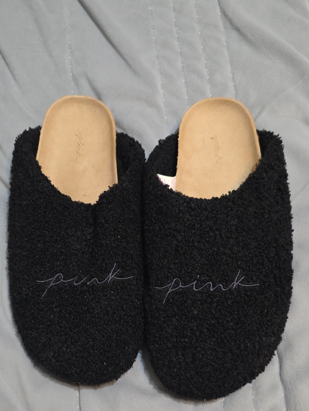 PINK Victoria's Secret Black Fuzzy Slip-On Slippers